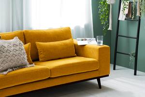 2-Sitzer Sofa BILLUND Webstoff Cieli: Senfgelb - Buche Dunkel