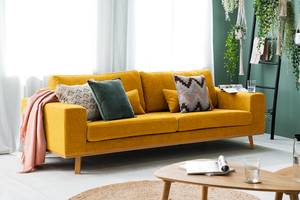 3-Sitzer Sofa BILLUND Webstoff Cieli: Senfgelb - Buche Hell