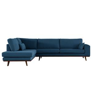 Ecksofa BILLUND mit Ottomane Baumwollstoff Vele: Blau - Ottomane davorstehend links - Buche Dunkel