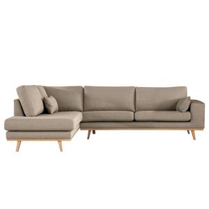 Ecksofa BILLUND mit Ottomane Strukturstoff Otrera: Taupe - Ottomane davorstehend links - Buche Hell