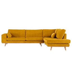 Canapé d’angle BILLUND avec ottomane Tissu Cieli: Jaune moutarde - Méridienne longue à droite (vue de face) - Hêtre clair