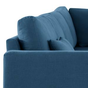Canapé d’angle BILLUND avec ottomane Tissu Vele: Bleu - Méridienne longue à droite (vue de face) - Hêtre clair
