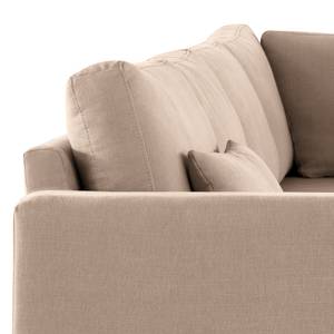 Canapé d’angle BILLUND avec ottomane Tissu Vele: Taupe - Méridienne longue à droite (vue de face) - Hêtre clair
