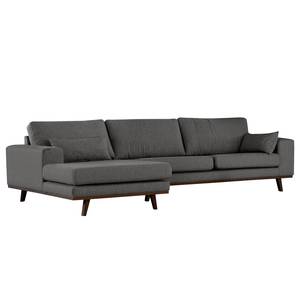 Ecksofa BILLUND mit Longchair Webstoff Lark: Dunkelgrau - Longchair davorstehend links - Buche Dunkel