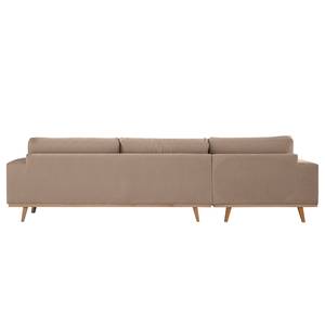 Hoekbank BILLUND met chaise longue Geweven stof Vele: Taupe - Longchair vooraanzicht links - Lichte beukenhout