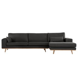 Ecksofa BILLUND mit Longchair Baumwollstoff Vele: Anthrazit - Longchair davorstehend rechts - Buche Hell