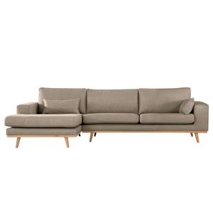 Ecksofa BILLUND mit Longchair Strukturstoff Otrera: Taupe - Longchair davorstehend links - Buche Hell