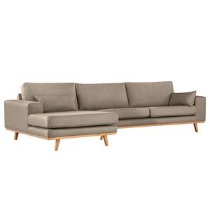 Hoekbank BILLUND met chaise longue Structuurstof Otrera: Taupe - Longchair vooraanzicht links - Licht beukenhout