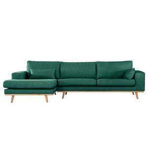 Divano con chaise longue BILLUND Tessuto strutturato Otrera: verde scuro - Longchair preimpostata a sinistra - Faggio chiara