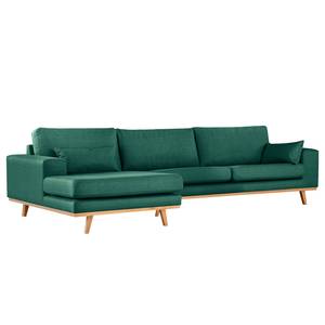 Divano con chaise longue BILLUND Tessuto strutturato Otrera: verde scuro - Longchair preimpostata a sinistra - Faggio chiara