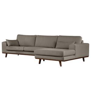 Ecksofa BILLUND mit Longchair Bouclé Stoff Eurona: Grau - Longchair davorstehend rechts - Buche Dunkel