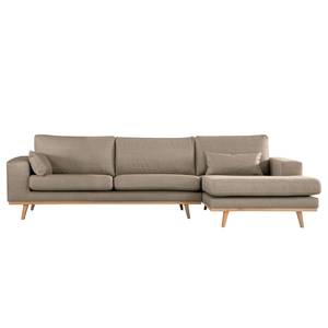 Ecksofa BILLUND mit Longchair Strukturstoff Otrera: Taupe - Longchair davorstehend rechts - Buche Hell