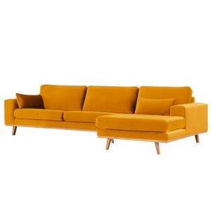 Divano con chaise longue BILLUND Velluto Sadia: giallo senape - Longchair preimpostata a destra - Faggio chiara