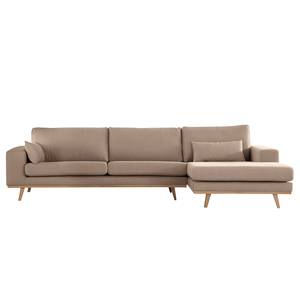 Hoekbank BILLUND met chaise longue Geweven stof Vele: Taupe - Longchair vooraanzicht rechts - Licht beukenhout