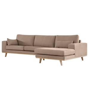 Hoekbank BILLUND met chaise longue Geweven stof Vele: Taupe - Longchair vooraanzicht rechts - Licht beukenhout