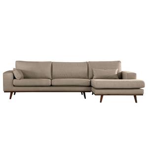 Ecksofa BILLUND mit Longchair Strukturstoff Otrera: Taupe - Longchair davorstehend rechts - Buche Dunkel