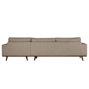 Ecksofa BILLUND mit Longchair Strukturstoff Otrera: Taupe - Longchair davorstehend rechts - Buche Dunkel