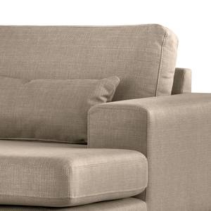 Ecksofa BILLUND mit Longchair Strukturstoff Otrera: Taupe - Longchair davorstehend rechts - Buche Dunkel