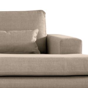 Ecksofa BILLUND mit Longchair Strukturstoff Otrera: Taupe - Longchair davorstehend rechts - Buche Dunkel