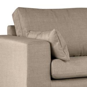 Ecksofa BILLUND mit Longchair Strukturstoff Otrera: Taupe - Longchair davorstehend rechts - Buche Dunkel