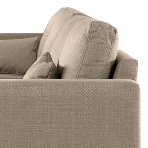 Ecksofa BILLUND mit Longchair Strukturstoff Otrera: Taupe - Longchair davorstehend rechts - Buche Dunkel