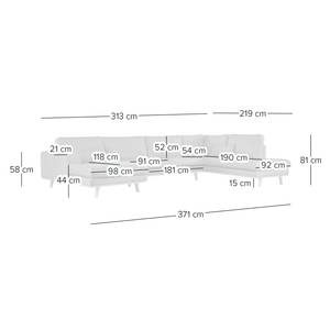 Zithoek BILLUND Structuurstof Otrera: Taupe - Longchair vooraanzicht links/Ottomaan rechts - Lichte beukenhout