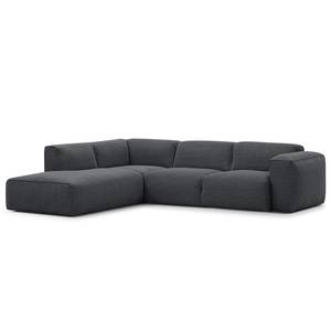 Ecksofa HUDSON 3-Sitzer mit Recamiere Webstoff Saia: Steingrau - Longchair davorstehend links