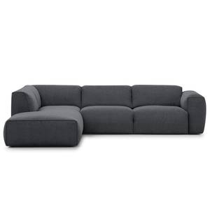 Ecksofa HUDSON 3-Sitzer mit Recamiere Webstoff Saia: Steingrau - Longchair davorstehend links