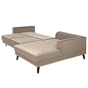 Hoekbank Venus Bay met chaise longue Velours Cara: Beige - Longchair vooraanzicht rechts - Met slaapfunctie