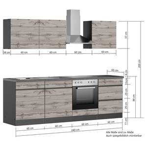 Küchenzeile Turin 240 cm Wotaneiche Dekor / Graphit - Mit Elektrogeräten