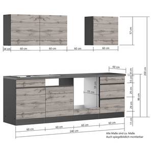 Keukenblok Turin combi A Eikenhoutlook wotan/Grafiet - Breedte: 240 cm - Zonder elektrische apparatuur