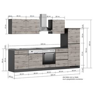 Küchenzeile Turin Kombi A Grau / Wotaneiche Dekor - Breite: 300 cm - Mit Elektrogeräten