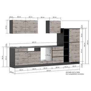 Keukenblok Turin combi A Grijs/Eikenhoutlook wotan - Breedte: 330 cm - Zonder elektrische apparatuur