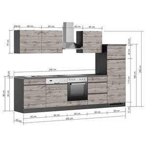 Keukenblok Turin combi B Eikenhoutlook wotan/Grafiet - Breedte: 300 cm - Met elektrische apparatuur