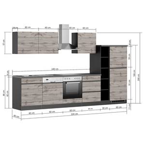 Küchenzeile Turin Kombi A Wotaneiche Dekor / Graphit - Breite: 330 cm - Mit Elektrogeräten