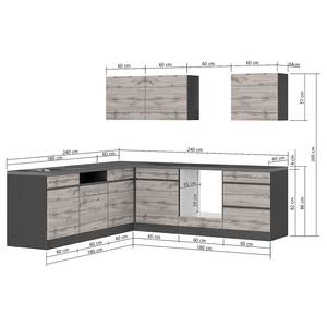 Hoek-keukenblok Turin combi A Eikenhoutlook wotan/Grafiet - Breedte: 240 cm - Zonder elektrische apparatuur