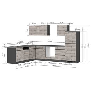 Eck-Küchenzeile Turin Kombi A Grau / Wotaneiche Dekor - Breite: 240 cm - Ohne Elektrogeräte