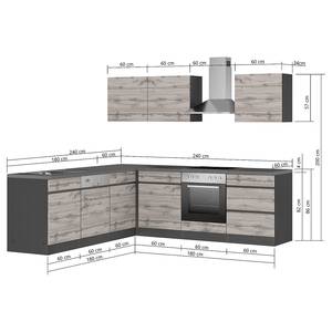 Hoek-keukenblok Turin combi A Grijs/Eikenhoutlook wotan - Breedte: 240 cm - Met elektrische apparatuur