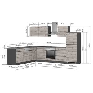Eck-Küchenzeile Turin Kombi A Wotaneiche Dekor / Graphit - Breite: 240 cm - Mit Elektrogeräten
