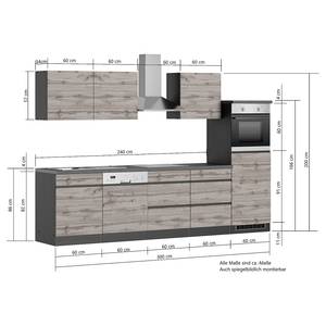 Küchenzeile Turin Kombi C Grau / Wotaneiche Dekor - Breite: 300 cm - Glaskeramik - Mit Elektrogeräten