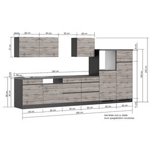 Keukenblok Turin combi D Eikenhoutlook wotan/Grafiet - Breedte: 360 cm - Zonder haardplaat - Zonder elektrische apparatuur