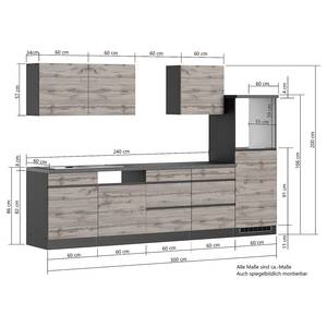 Küchenzeile Turin Kombi C Wotaneiche Dekor / Graphit - Breite: 300 cm - Ohne Kochfeld - Ohne Elektrogeräte