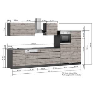 Küchenzeile Turin Kombi D Grau / Wotaneiche Dekor - Breite: 360 cm - Glaskeramik - Mit Elektrogeräten