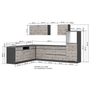 Hoek-keukenblok Turin combi C Eikenhoutlook wotan/Grafiet - Breedte: 300 cm - Zonder haardplaat - Zonder elektrische apparatuur