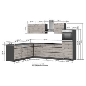 Hoek-keukenblok Turin combi C Eikenhoutlook wotan/Grafiet - Breedte: 300 cm - Glas-keramisch - Met elektrische apparatuur