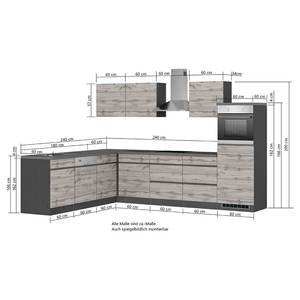 Eck-Küchenzeile Turin Kombi C Wotaneiche Dekor / Graphit - Breite: 300 cm - Induktion - Mit Elektrogeräten