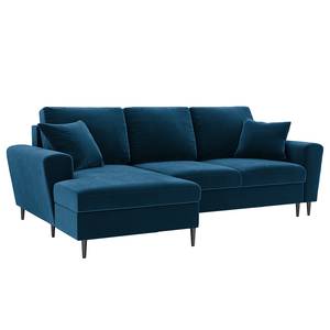 Hoekbank Goronna met ottomane Velours Ravi: Marineblauw - Longchair vooraanzicht links