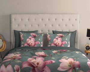 Parure de lit en coton renforcé Magnolia Coton - Vert / Rose - 140 x 200/220 cm + oreiller 70 x 60 cm