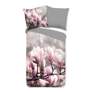 Renforce Bettwäsche Magnolia Baumwolle - Grau / Pink - 135 x 200 cm + Kissen 80 x 80 cm