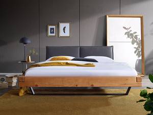 Houten bed Galmoy kunstleer/massief sparrenhout - zwart/amberkleurig sparrenhout - 160 x 200cm